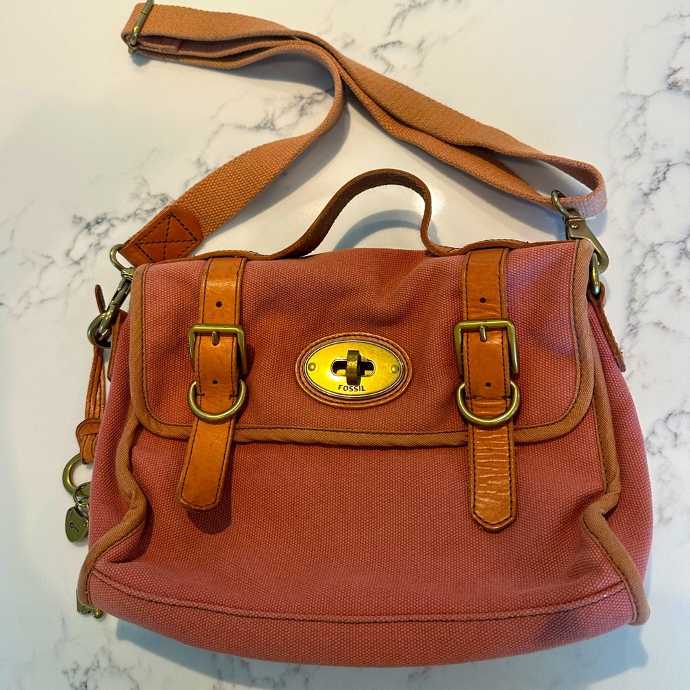 GUC Fossil Leather and Canvas Messenger Bag with original Lock and Key hardware